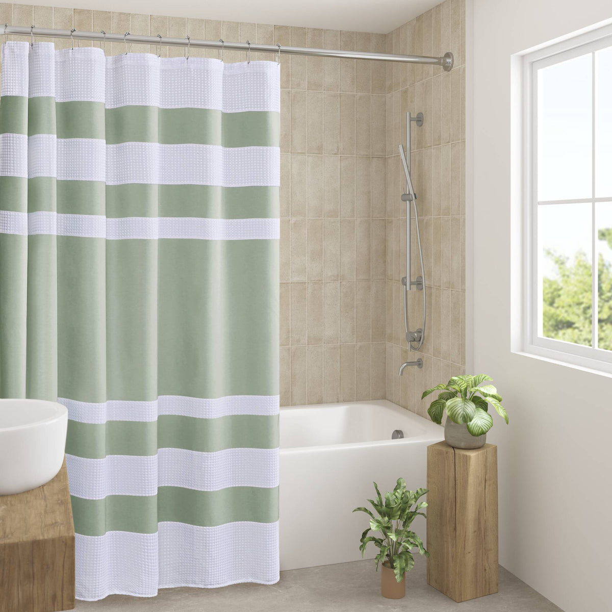 Spa Waffle Shower Curtain with 3M Treatment - Sage Green