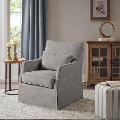 London Upholstered Skirted Swivel Armchair with Lumbar Pillow - Grey