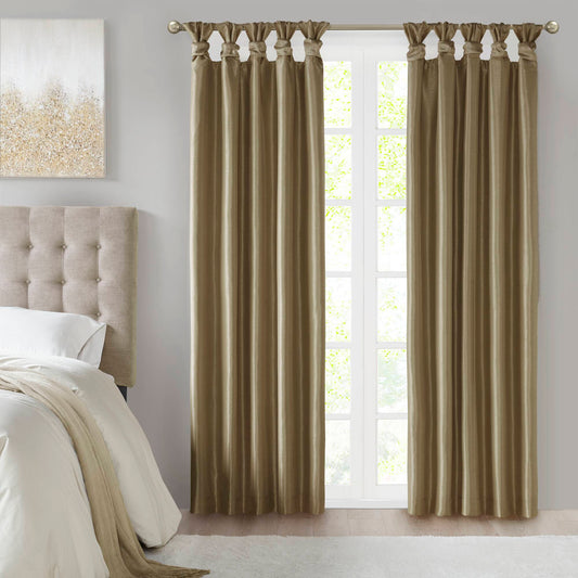 Emilia 100% Polyester Solid Faux Silk Lined Twist Tab Total Blackout Window Curtain - Bronze
