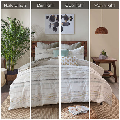 Nea Cotton Printed Comforter Set with Trims - Off White/Gray