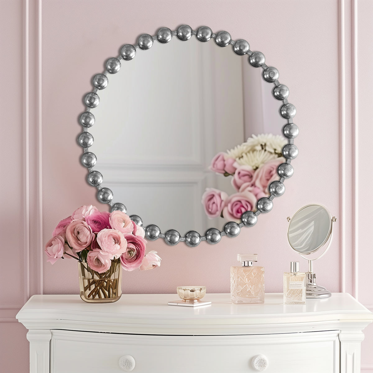 Marlowe Beaded Round Wall Mirror - Silver