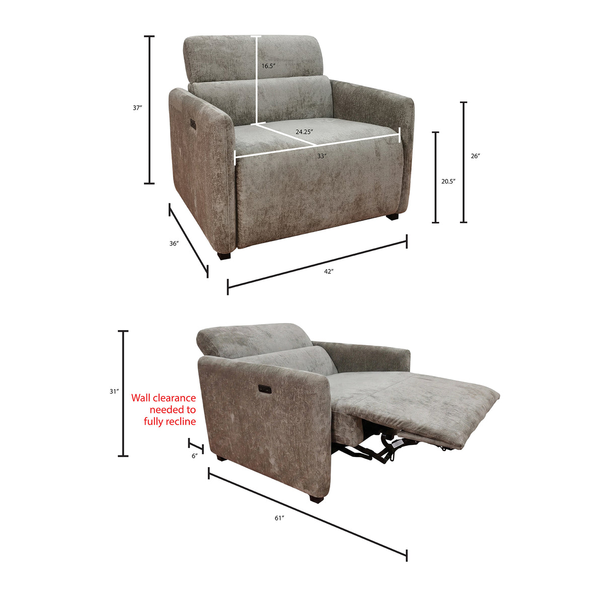 Ava Power Modern Recliner - Beige