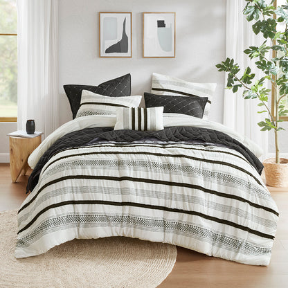 Carolina 7 Piece Stripe Comforter and Quilt Set - Black