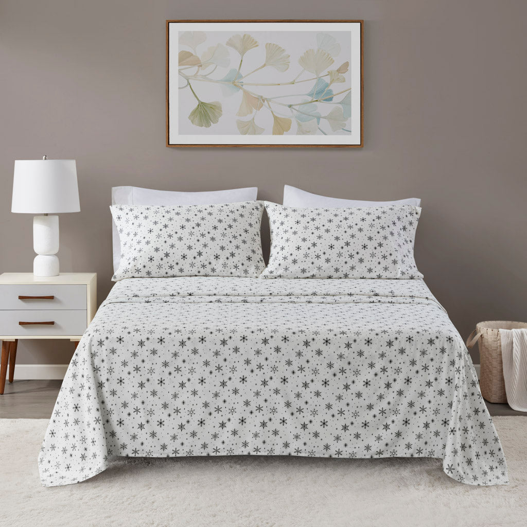 Oversized Cotton Flannel 4 Piece Sheet Set - Black Snowflakes