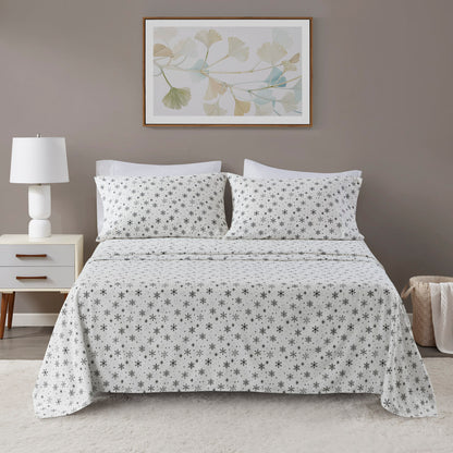 Oversized Cotton Flannel 4 Piece Sheet Set - Black Snowflakes