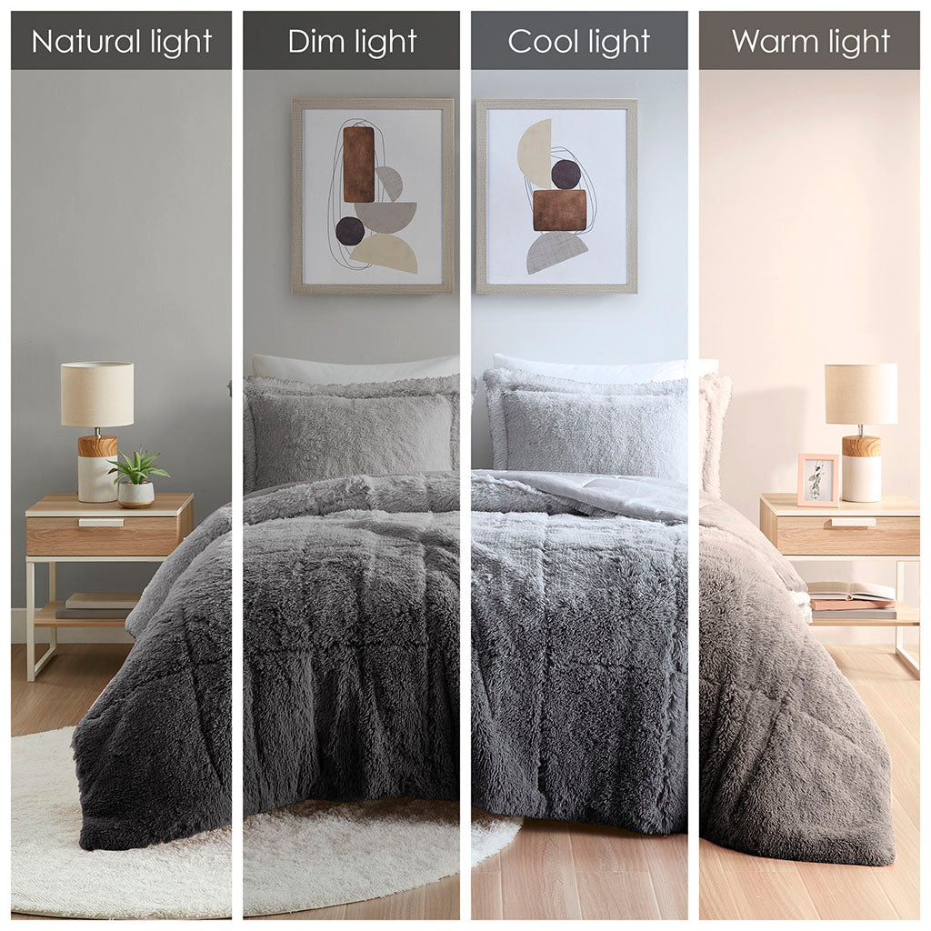 Brielle Ombre Shaggy Long Fur Comforter Mini Set - Grey
