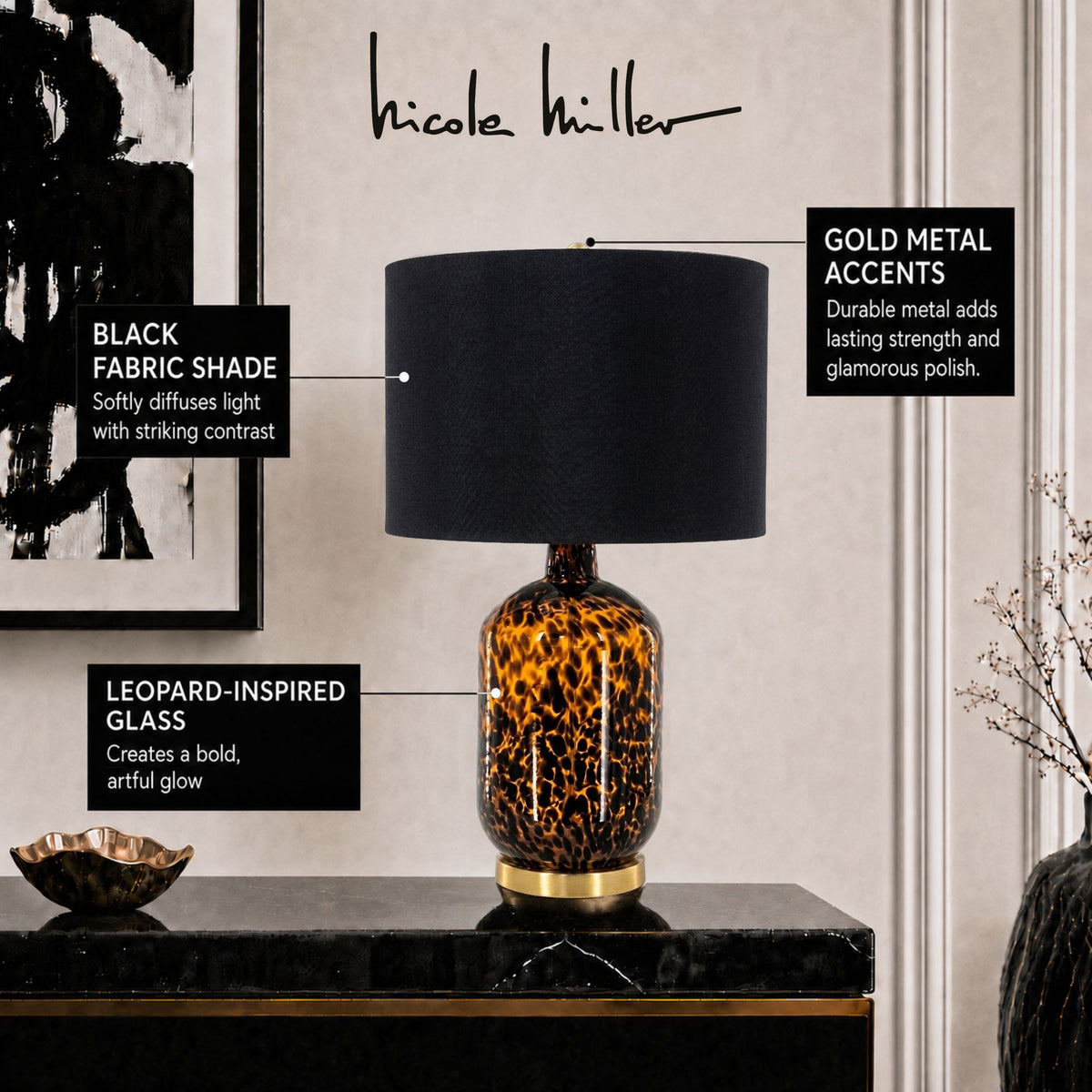 Roux Leopard Pattern Glass Table Lamp - Leopard Print/ Black