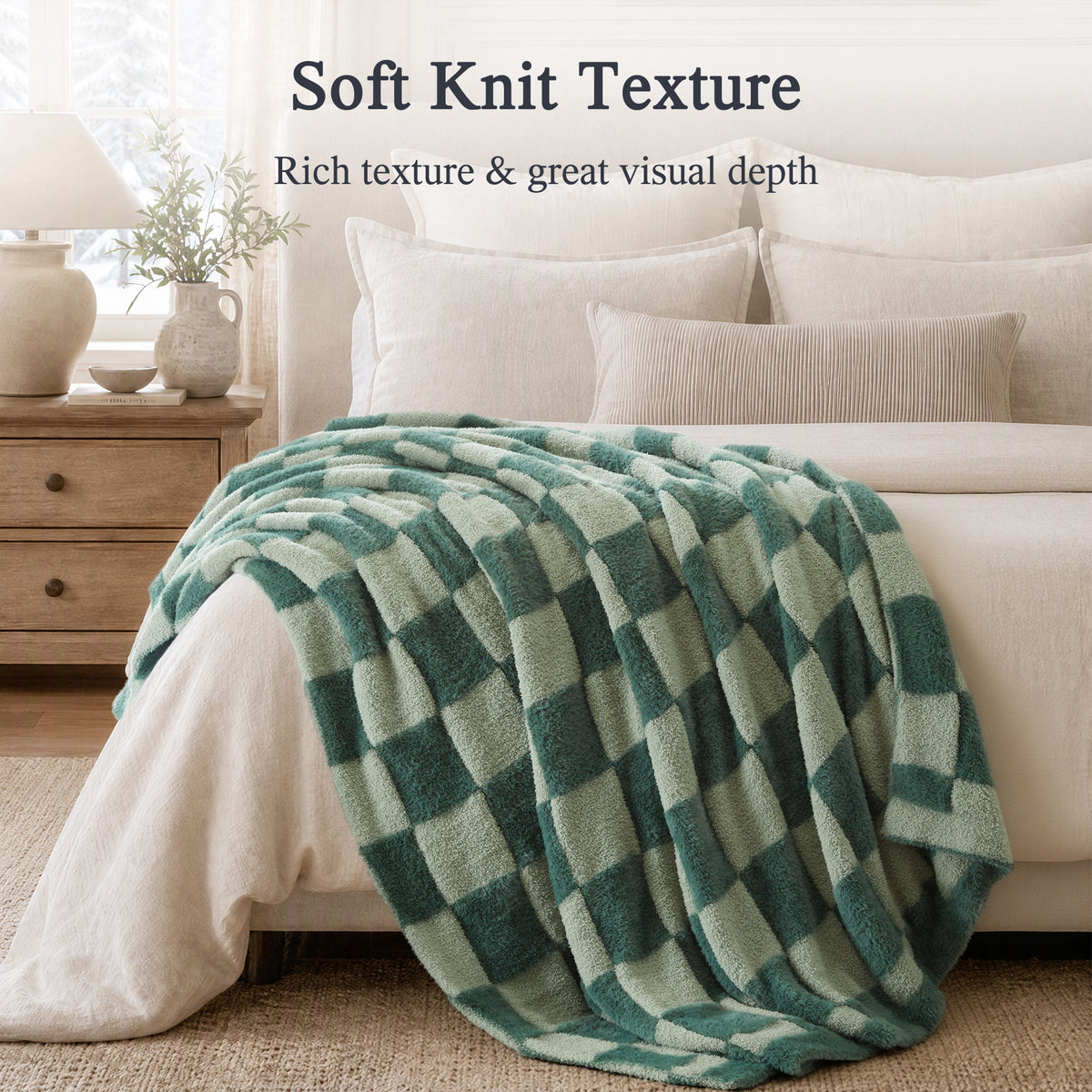 Checkerboard Feathersoft Fur Knit Throw - Green