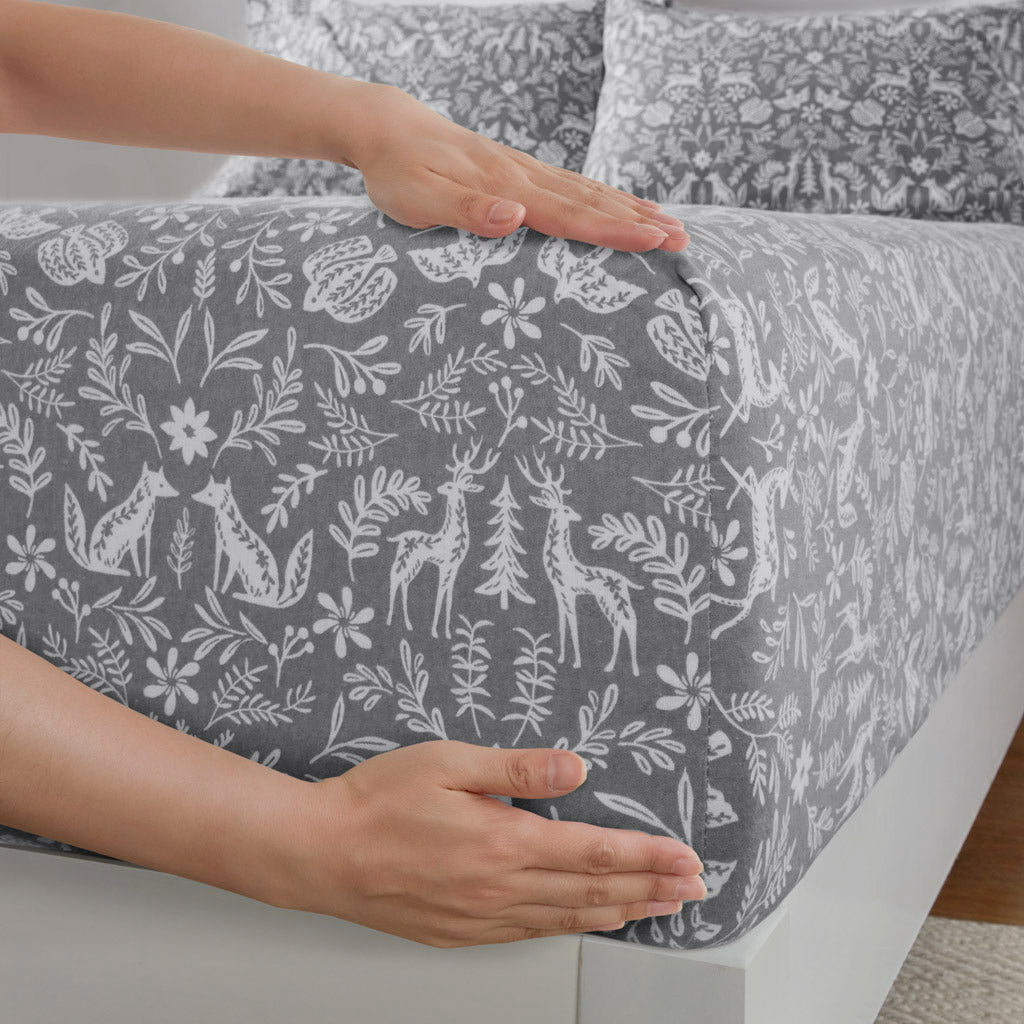 Oversized Cotton Flannel 4 Piece Sheet Set - Sage Winter Fauna