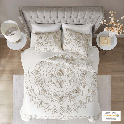 Violette 3 Piece Tufted Cotton Chenille Duvet Cover Set - Ivory/Taupe