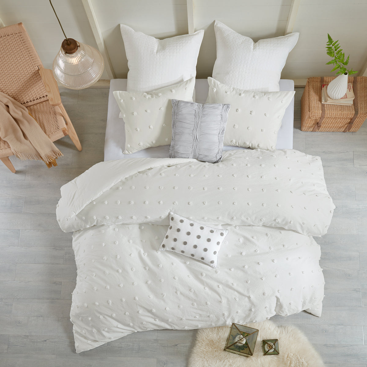 Brooklyn Cotton Jacquard Comforter Set with Euro Shams and Throw Pillows - Ivory