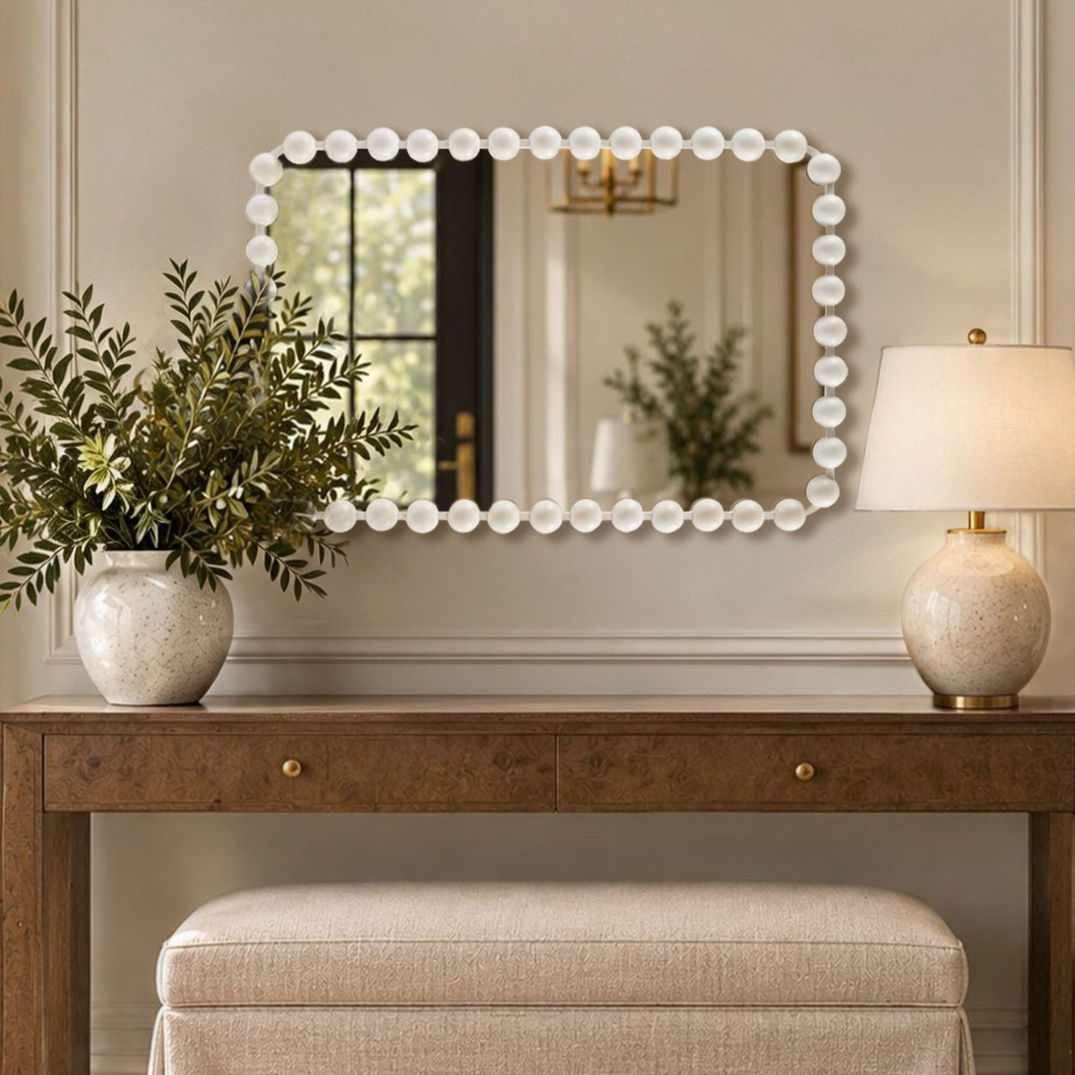 Marlowe 24X36 Rounded Rectangle Beaded Wall Mirror - White
