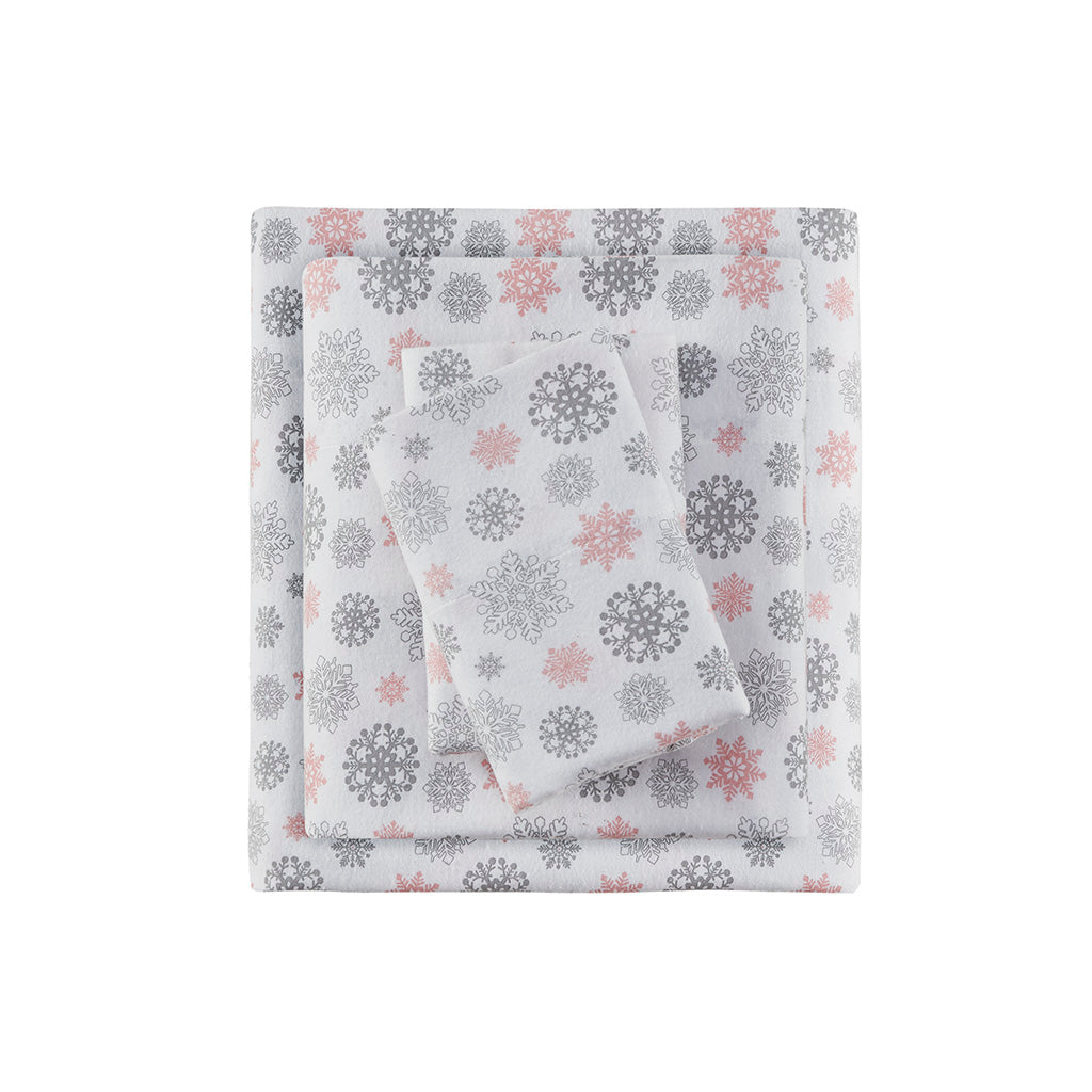 Cozy Cotton Flannel Printed Sheet Set - Pink/Grey Snowflakes