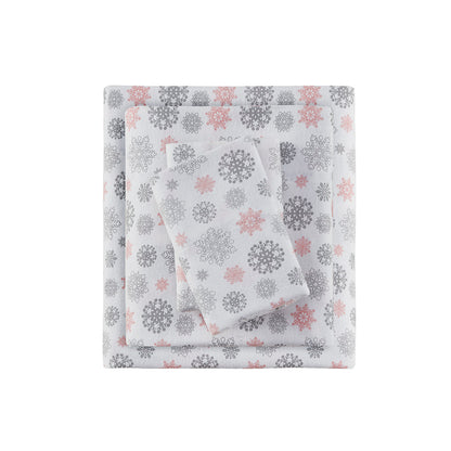 Cozy Cotton Flannel Printed Sheet Set - Pink/Grey Snowflakes