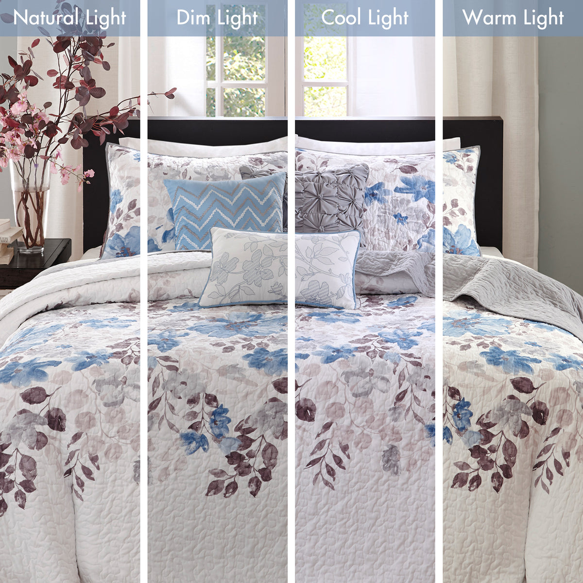 Luna 6 Piece Printed Quilt Set with Throw Pillows - Blue