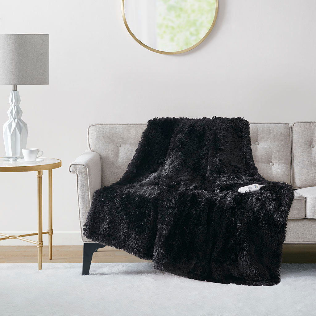 Malea Shaggy Faux Fur Heated Throw - Black
