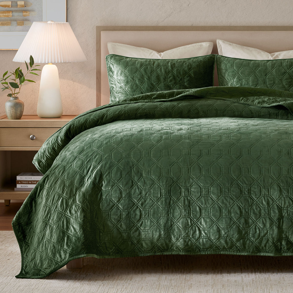 Harper 3 Piece Velvet Quilt Set - Green