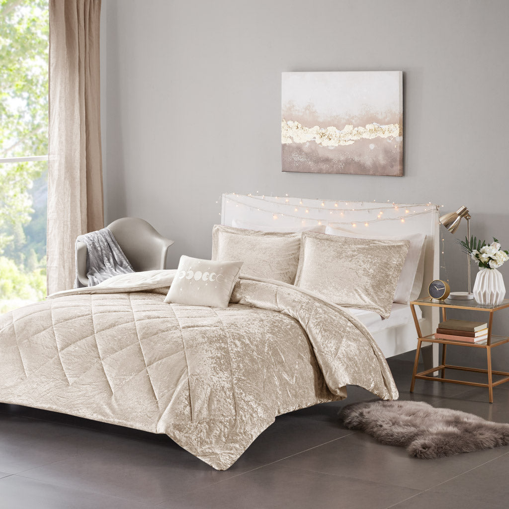 Felicia Velvet Comforter Set with Throw Pillow - Champagne
