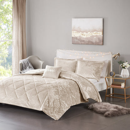 Felicia Velvet Comforter Set with Throw Pillow - Champagne