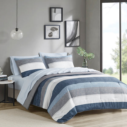Jaxon Stripe Comforter Set with Bed Sheets - Blue/Grey
