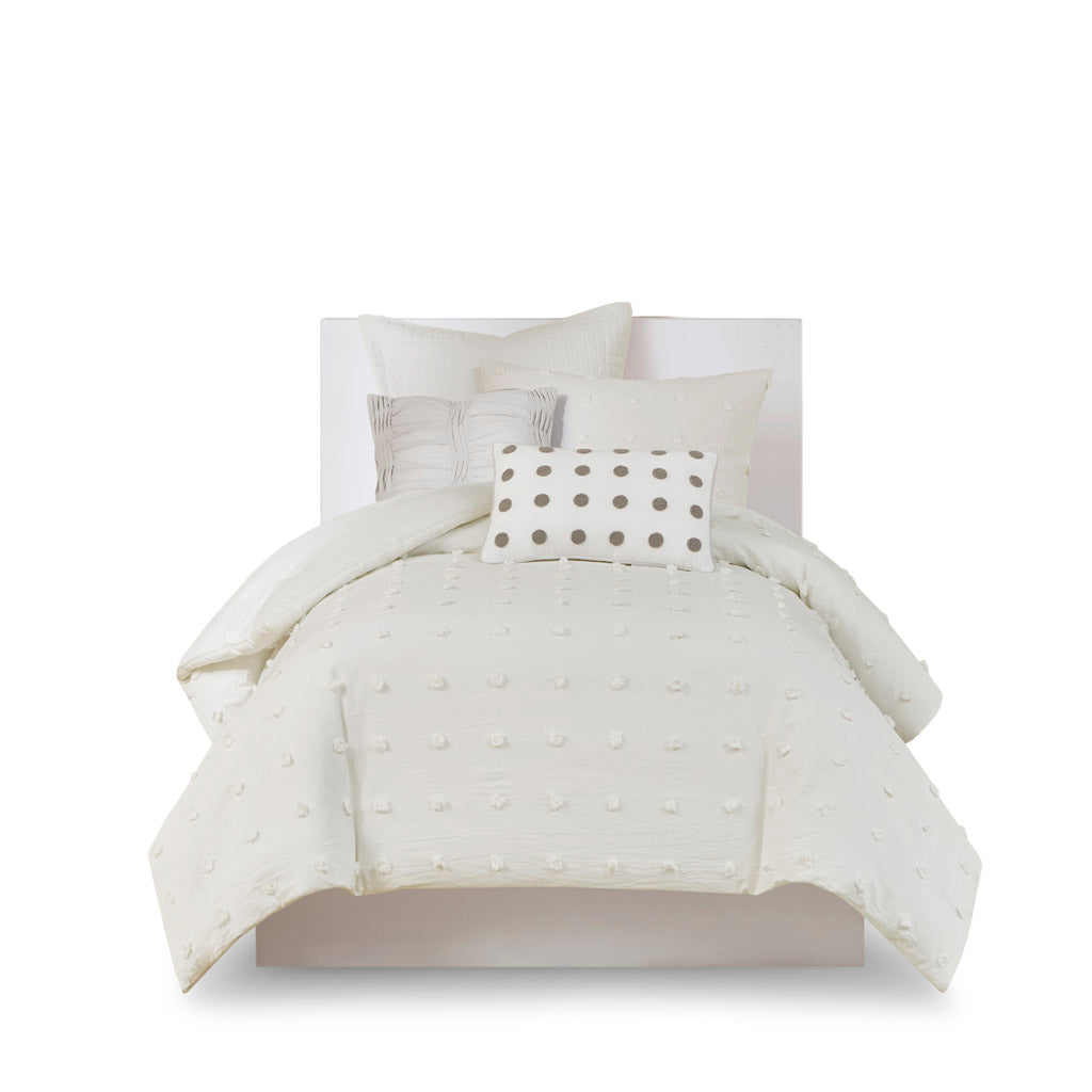 Brooklyn Cotton Jacquard Duvet Cover Set with Euro Shams and Throw Pillows - Ivory