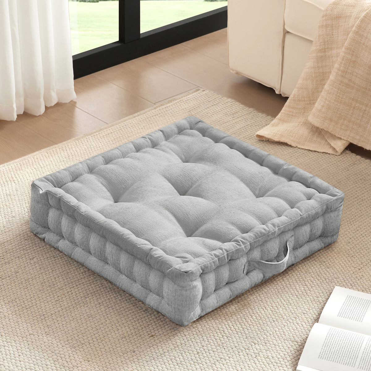 Azza Poly Chenille Square Floor Pillow Cushion - Grey
