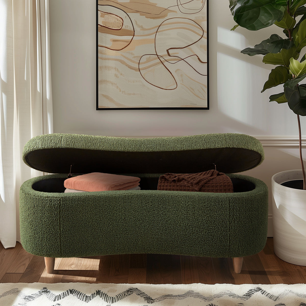 Bailey Boucle-Style Curved Storage Accent Bench - Green