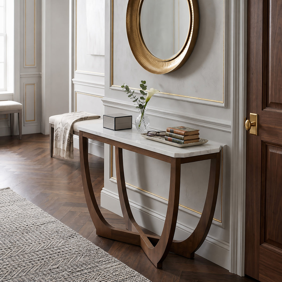 Calvedra Curve Marble-Look Console Table with Curved Walnut Wood Legs - White Marble/Walnut