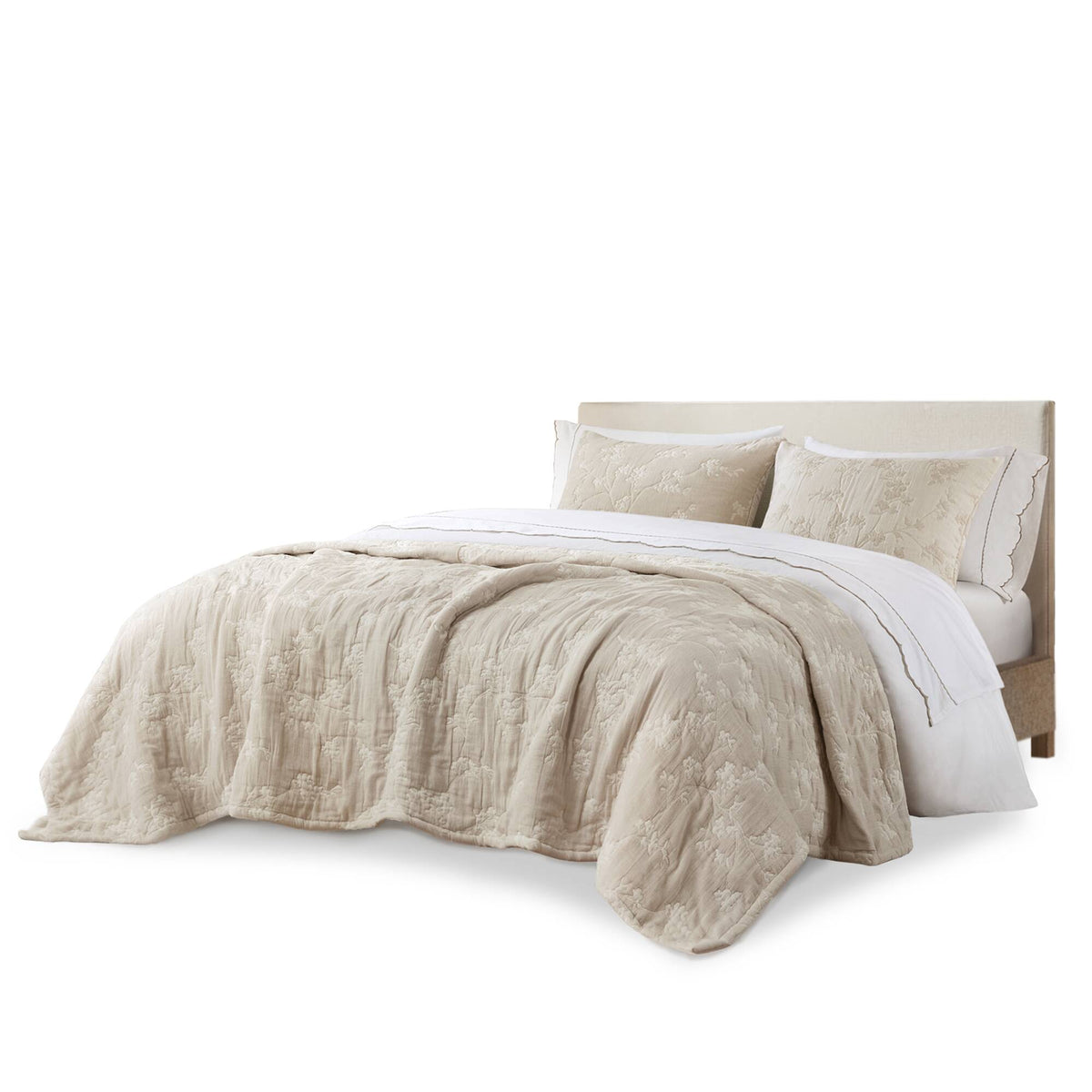 Catalina Botanical 3 Piece Jacquard Cotton Gauze Quilt Set - Linen