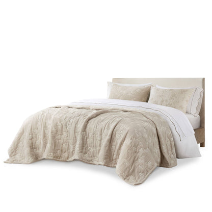 Catalina Botanical 3 Piece Jacquard Cotton Gauze Quilt Set - Linen