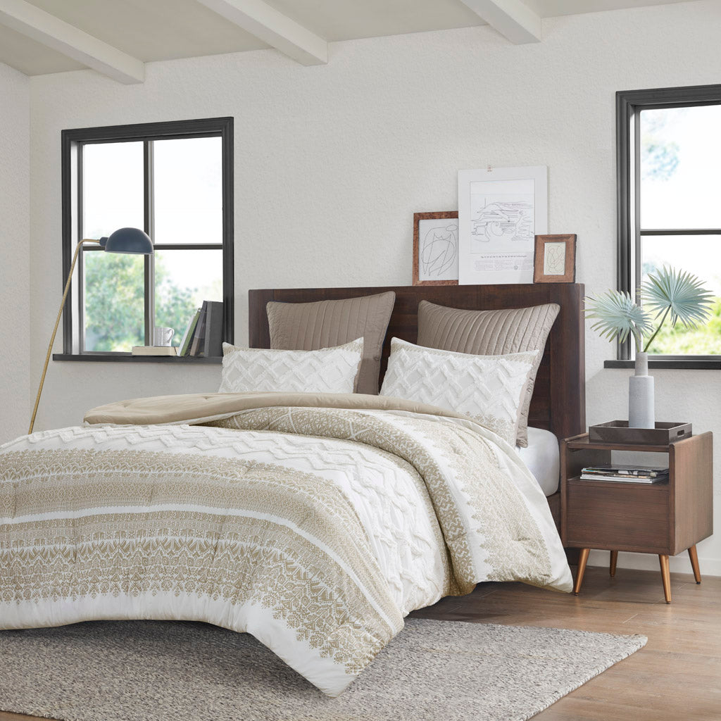Mila 3 Piece Cotton Comforter Set with Chenille Tufting - Taupe