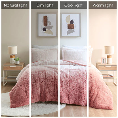 Brielle Ombre Shaggy Long Fur Comforter Mini Set - Blush