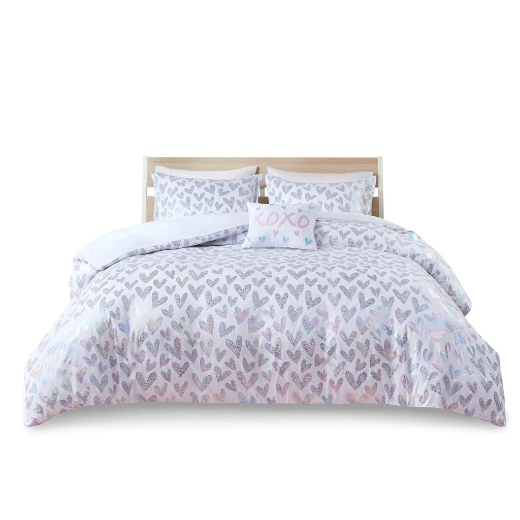 Kristie Iridescent Metallic Heart Printed Duvet Cover Set