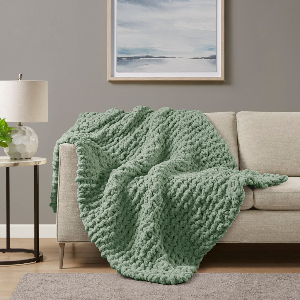Chenille Chunky Knit Throw - Sage Green