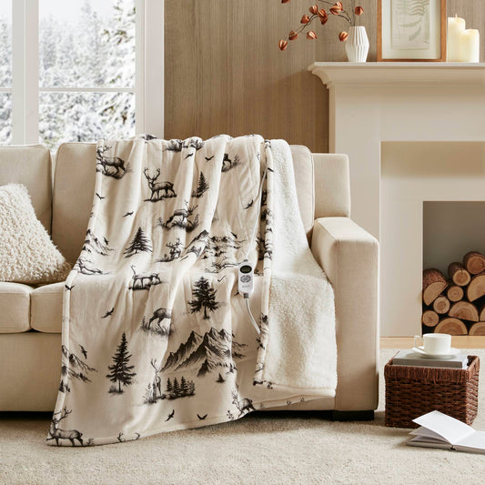 Print Plush to Sherpa Heated Throw - Deer