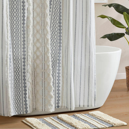 Imani Cotton Printed Shower Curtain with Chenille - White/Navy