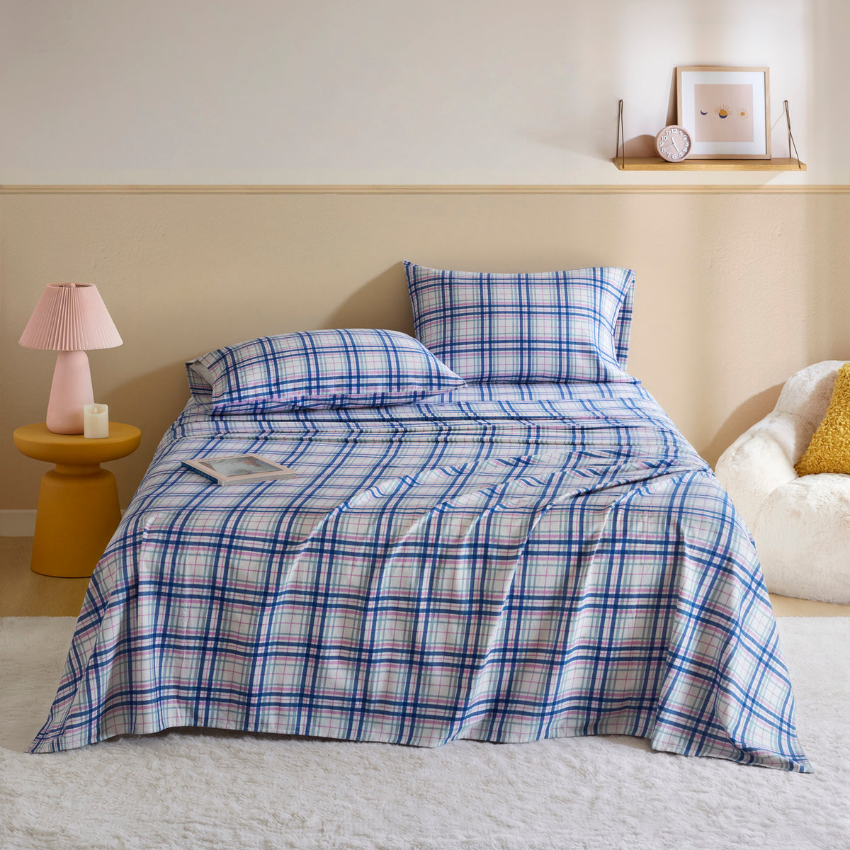 Cozy Soft Cotton Flannel Printed Sheet Set - Navy Orchid Plaid
