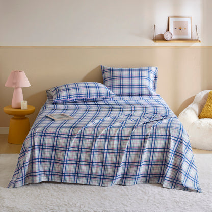 Cozy Soft Cotton Flannel Printed Sheet Set - Navy Orchid Plaid