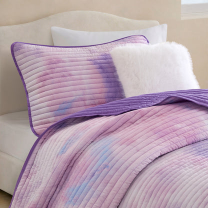 Cassiopeia Watercolor Tie Dye Printed Quilt Set with Throw Pillow - Purple