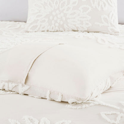 Veronica 3 Piece Tufted Cotton Chenille Floral Duvet Cover Set - Off-White