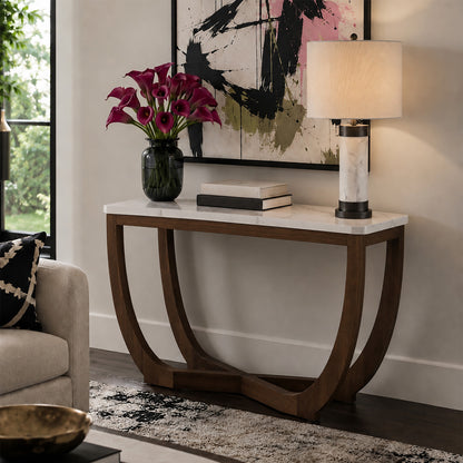 Calvedra Curve Marble-Look Console Table with Curved Walnut Wood Legs - White Marble/Walnut