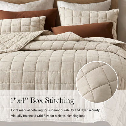 French Flax Linen Garment Washed Quilt Set - Linen