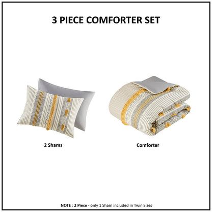 Cody 3 Piece Cotton Comforter Set - Gray/Yellow