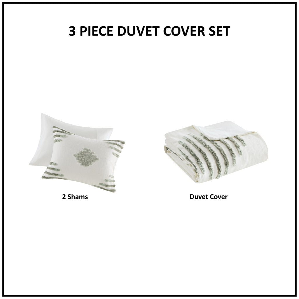 Tahli 3 Piece Cotton Blend Chenille Duvet Cover Set - Green/Ivory