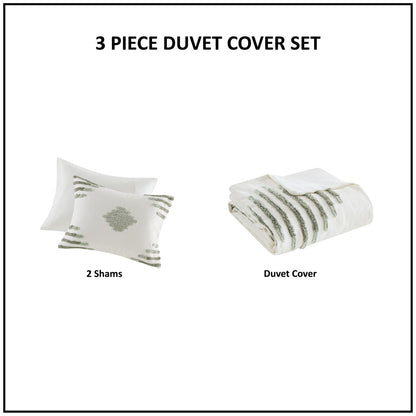 Tahli 3 Piece Cotton Blend Chenille Duvet Cover Set - Green/Ivory