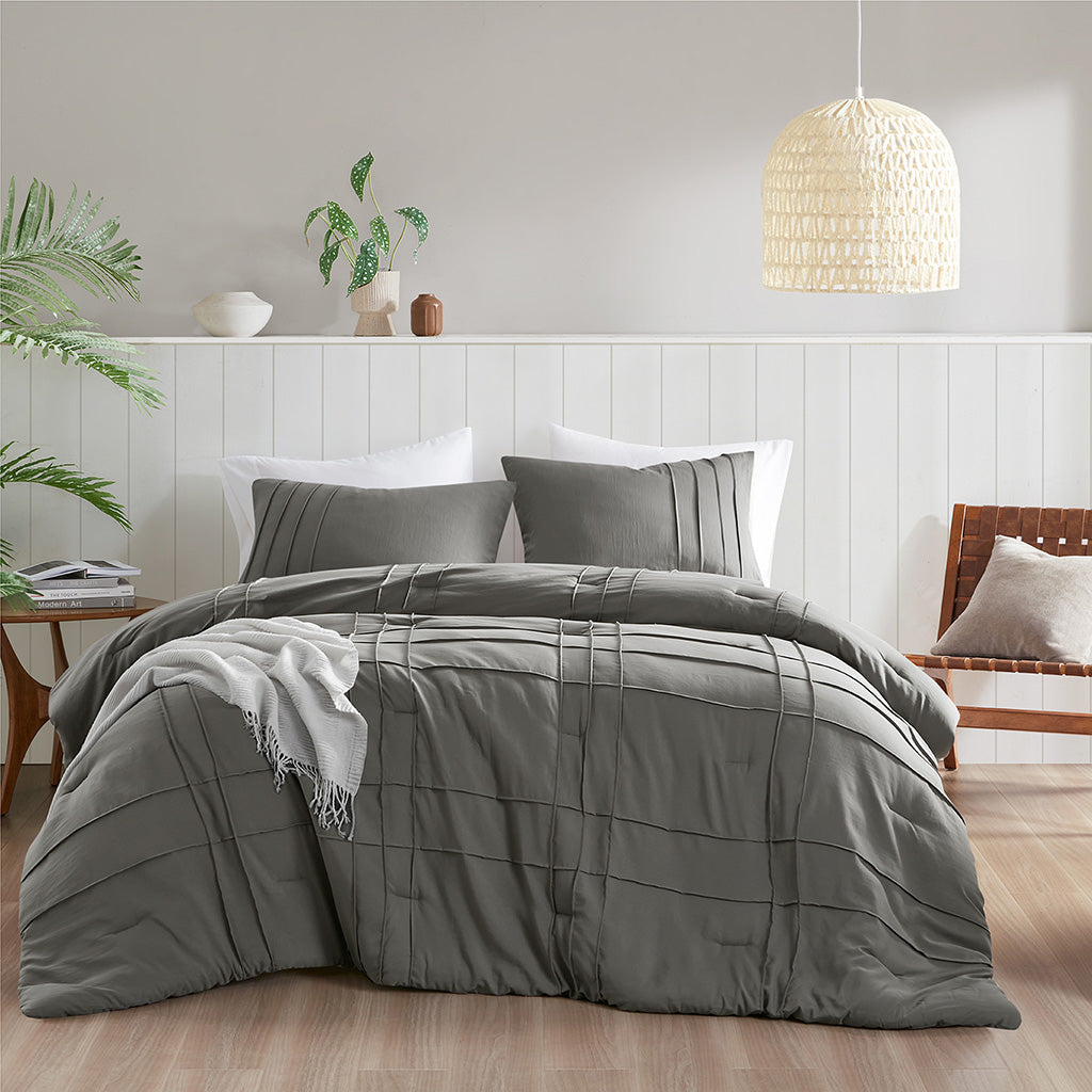 Walker Soft Washed Pleated Comforter Set - Grey