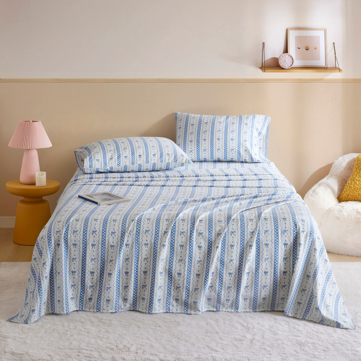 Cozy Soft Cotton Flannel Printed Sheet Set - Blue Bow Scallop Stripe