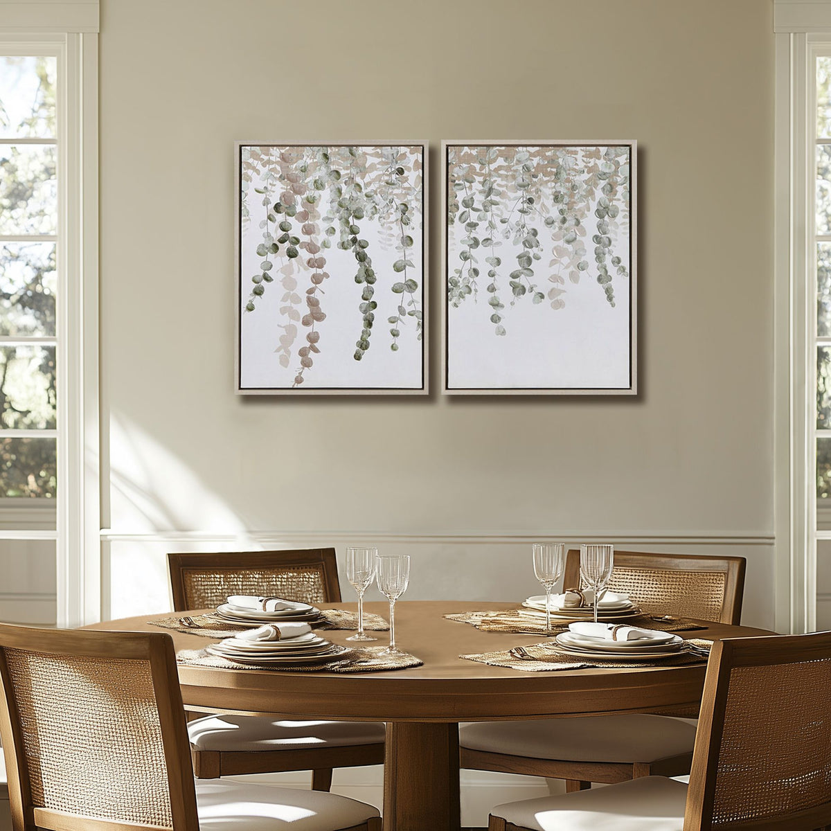 Botanical Waterfall Eucalyptus 2-piece Framed Canvas Wall Decor Set - Green