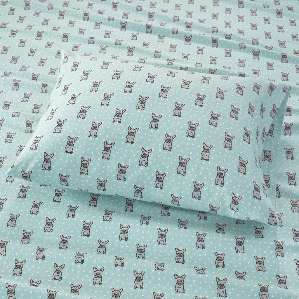 Cozy Cotton Flannel Printed Sheet Set - Aqua French Bulldog