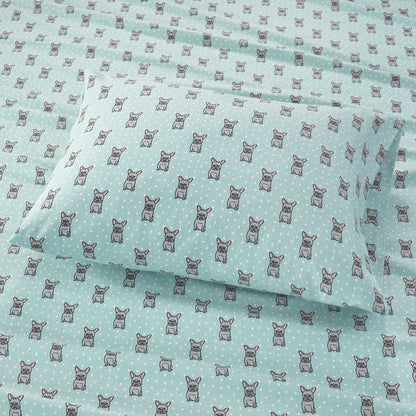 Cozy Cotton Flannel Printed Sheet Set - Aqua French Bulldog